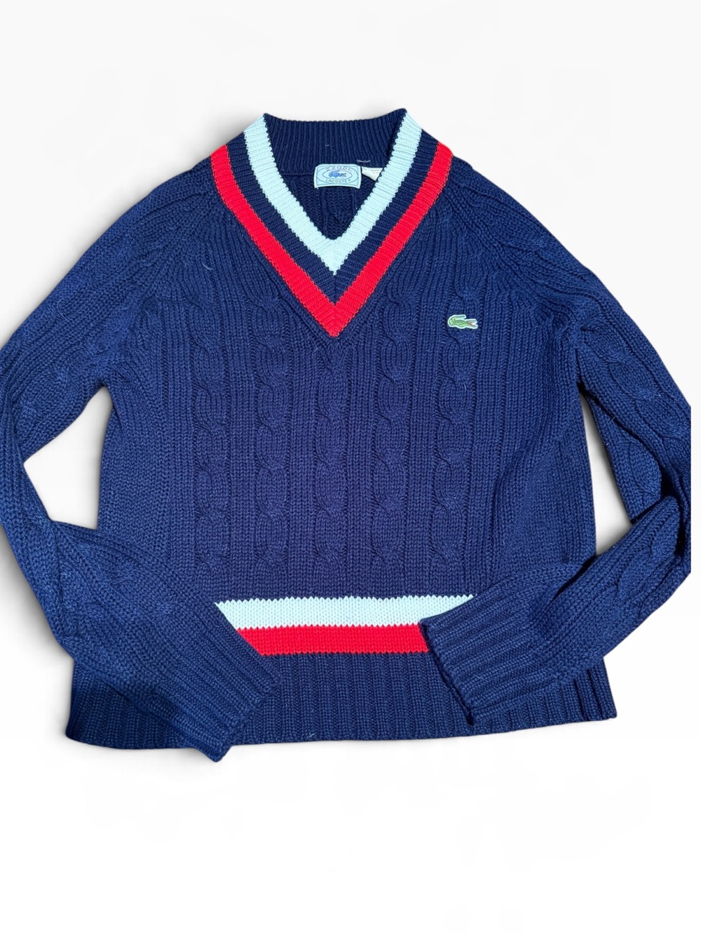 Vintage 80s Lacoste Women's Navy Cable V-Neck Sweater with Red & Light Blue Trim